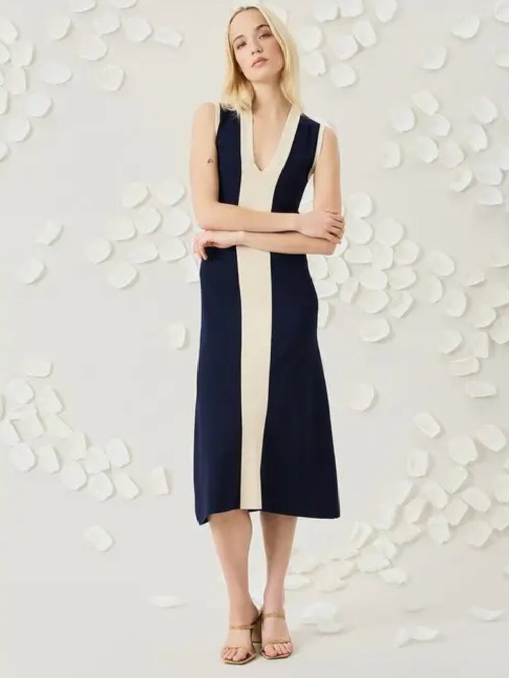 Luxely Contrast Stripe Midi Dress Navy Cream Knit XL NWT